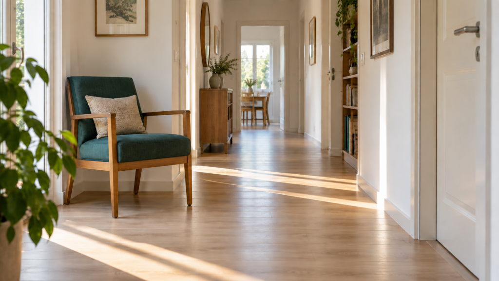 Percorso domestico luminoso e sedia stabile per rappresentare fiducia e paura di cadere nel Parkinson