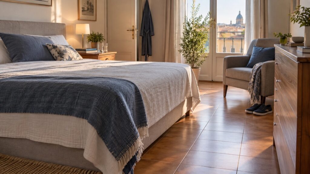 Camera da letto luminosa con letto, sedia e scarpe pronti per la routine mattutina nel Parkinson