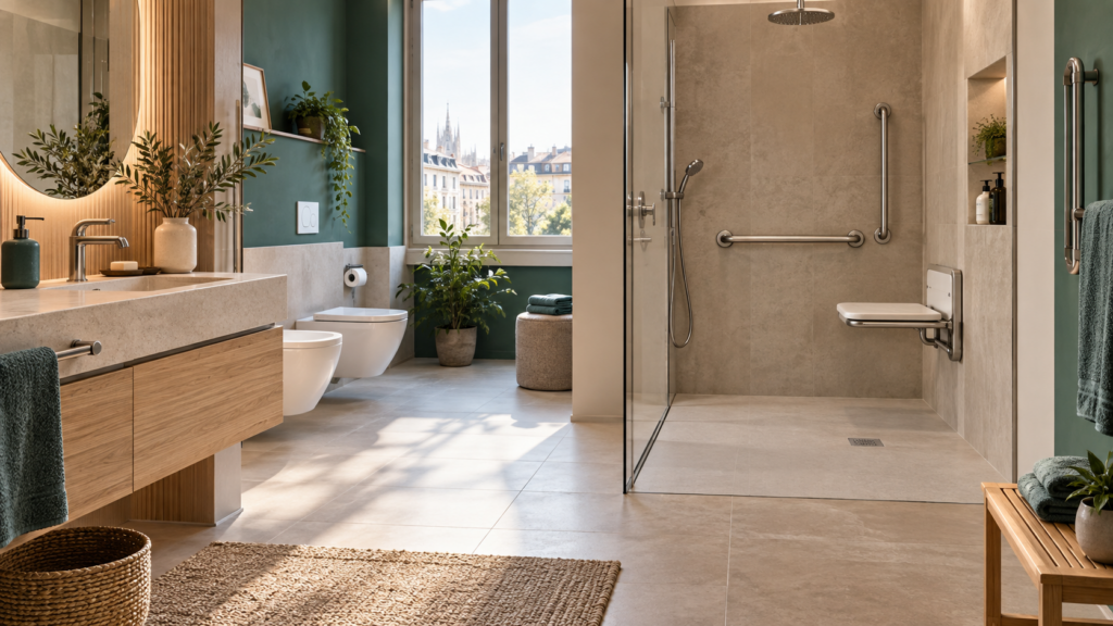Bagno domestico con doccia accessibile, seduta, corrimano e passaggi liberi