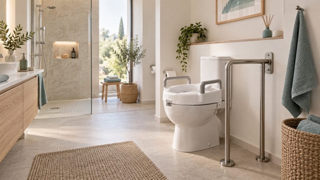 Bagno accessibile con WC, appoggi laterali e spazio libero per il trasferimento nel Parkinson