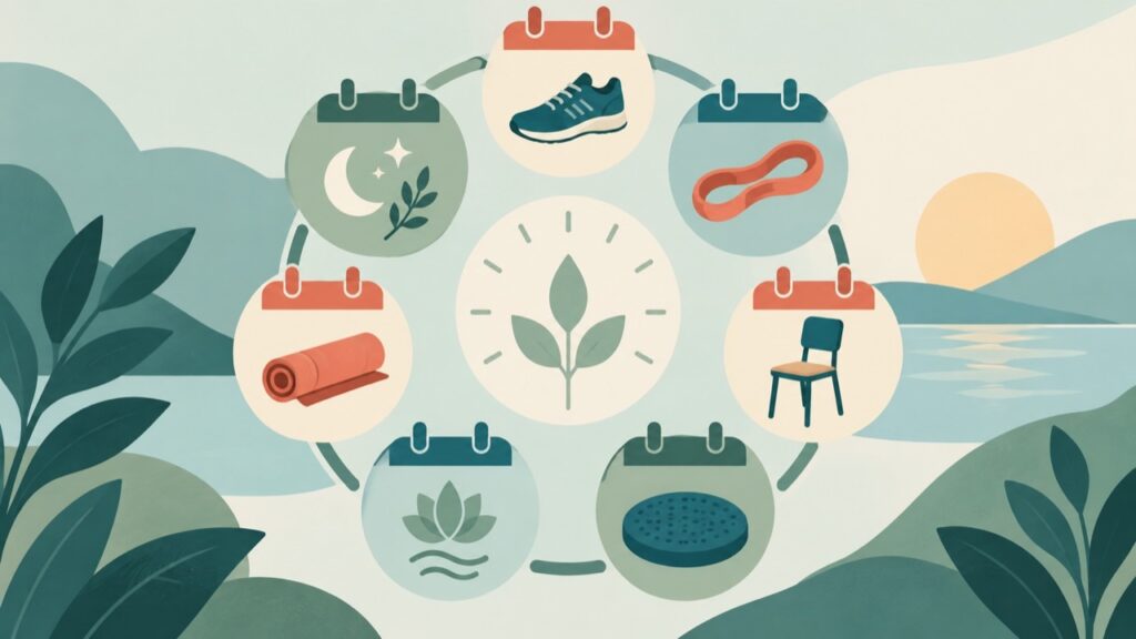 Calendario illustrato con scarpa, elastico, sedia e strumenti per organizzare l’esercizio settimanale nel Parkinson