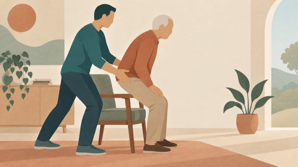 Illustrazione di un caregiver che sostiene vicino a tronco e bacino un uomo durante l’alzata da una sedia