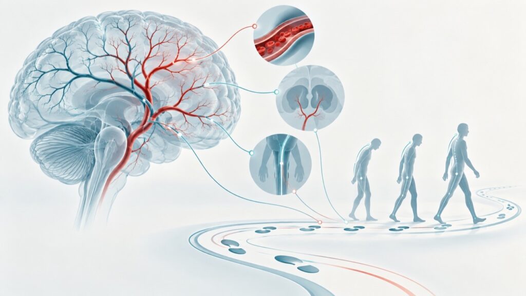 Illustrazione clinica astratta del rapporto tra circolazione cerebrale, equilibrio e cammino nel parkinsonismo vascolare