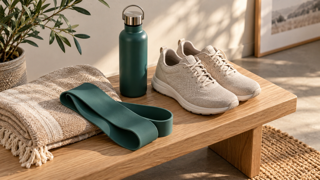 Scarpe, borraccia e fascia elastica per rappresentare l’equilibrio tra attività e recupero