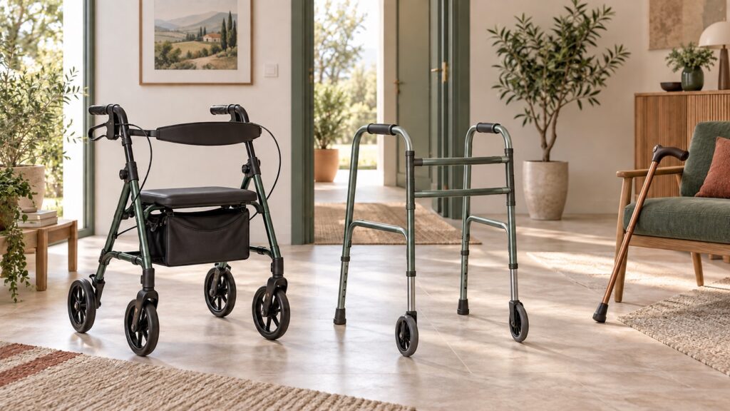 Rollator, deambulatore a due ruote e bastone in un ambiente domestico