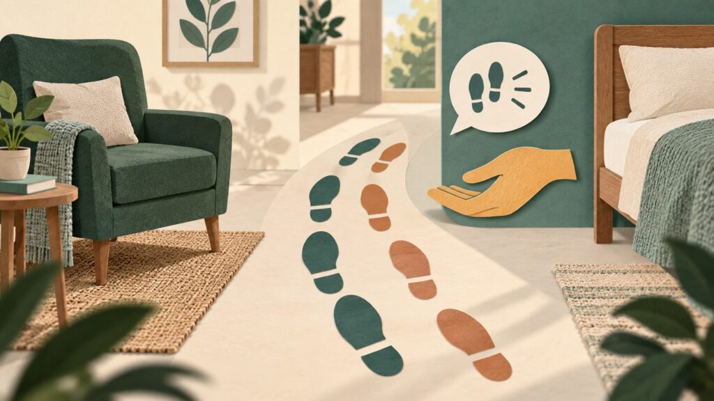 Grafica con poltrona, letto, impronte e mano aperta sul supporto del caregiver nel Parkinson