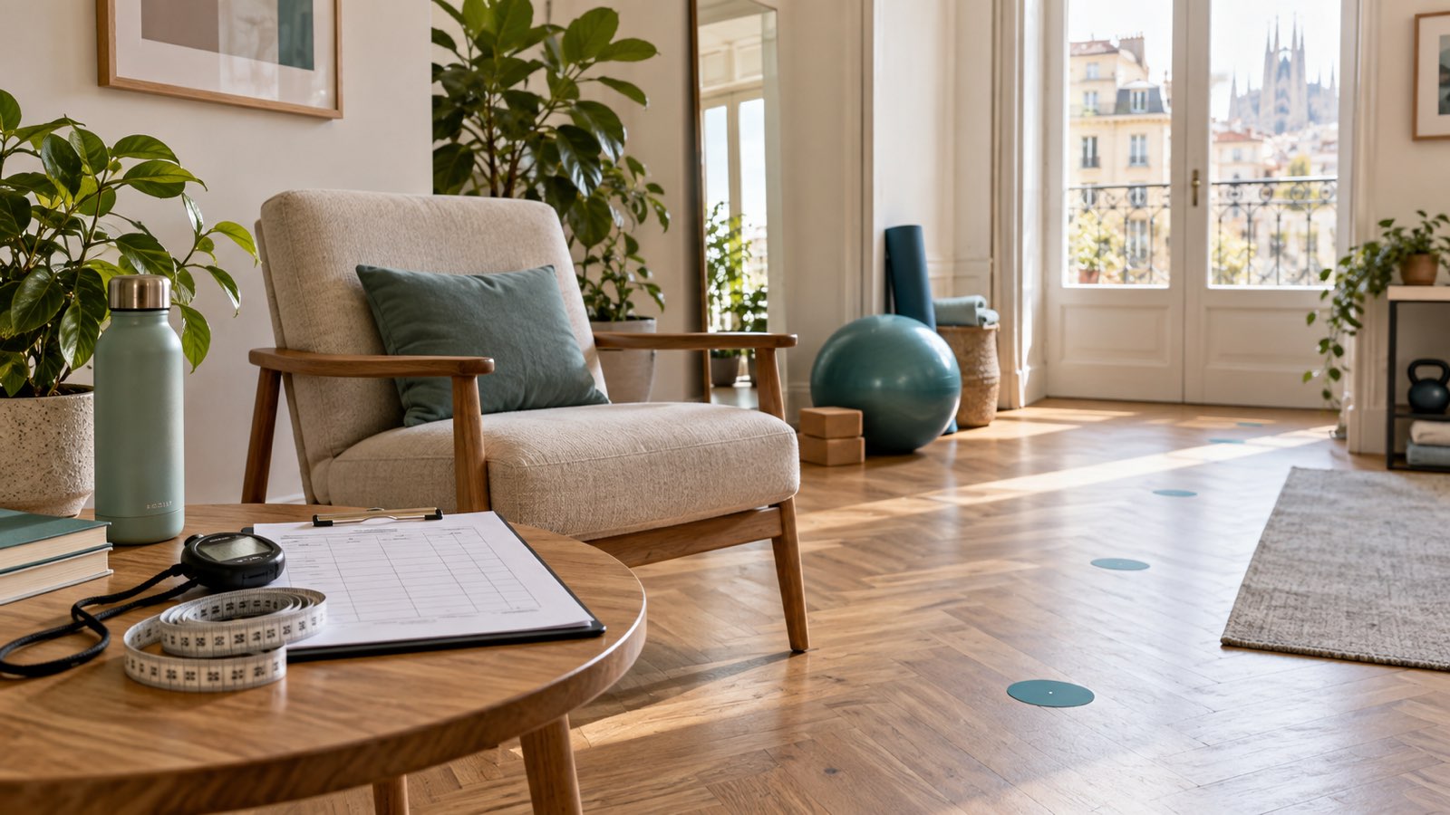 Ambiente domestico con sedia stabile, percorso segnato e strumenti per la valutazione del movimento