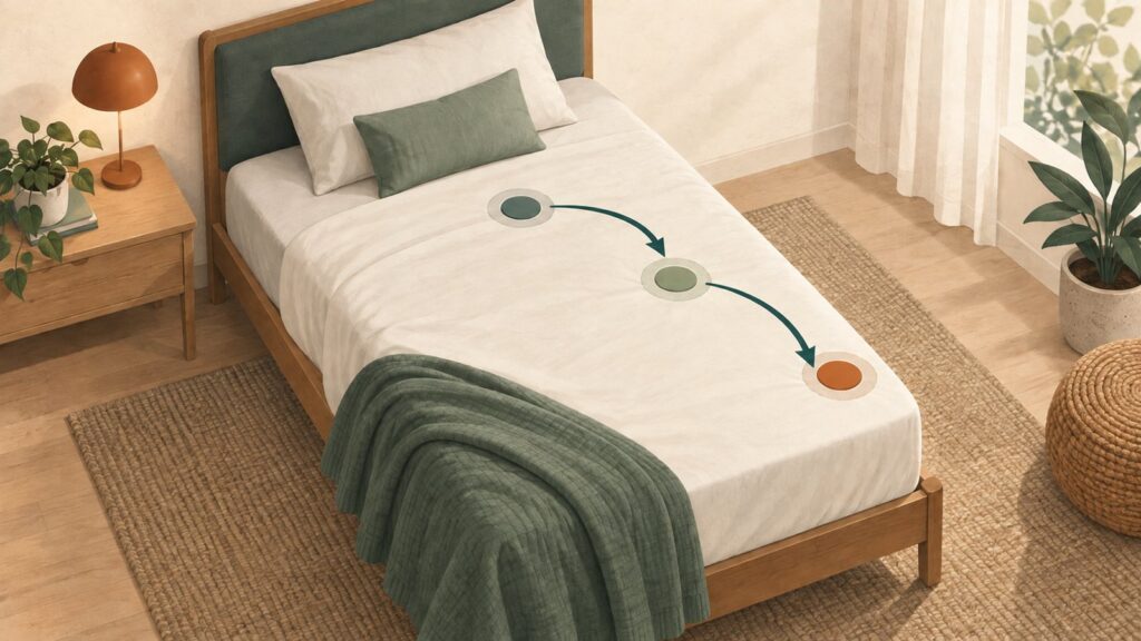 Letto con tre indicatori collegati da frecce che rappresentano una sequenza di movimento verso il bordo