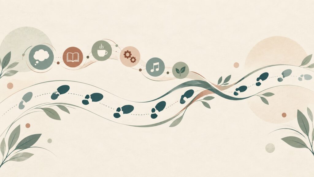 Grafica sul doppio compito nel Parkinson con un percorso di passi e simboli di attività quotidiane
